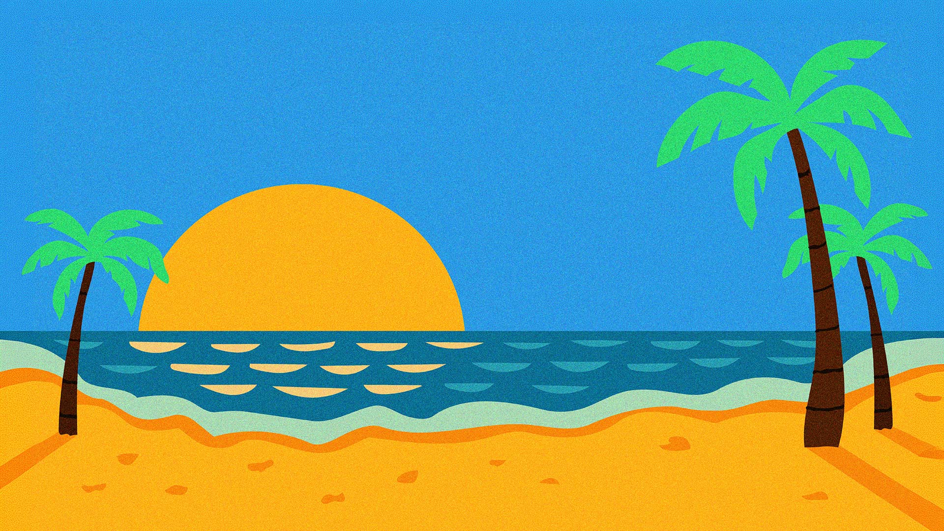 A sunny beach with palm trees at sunset