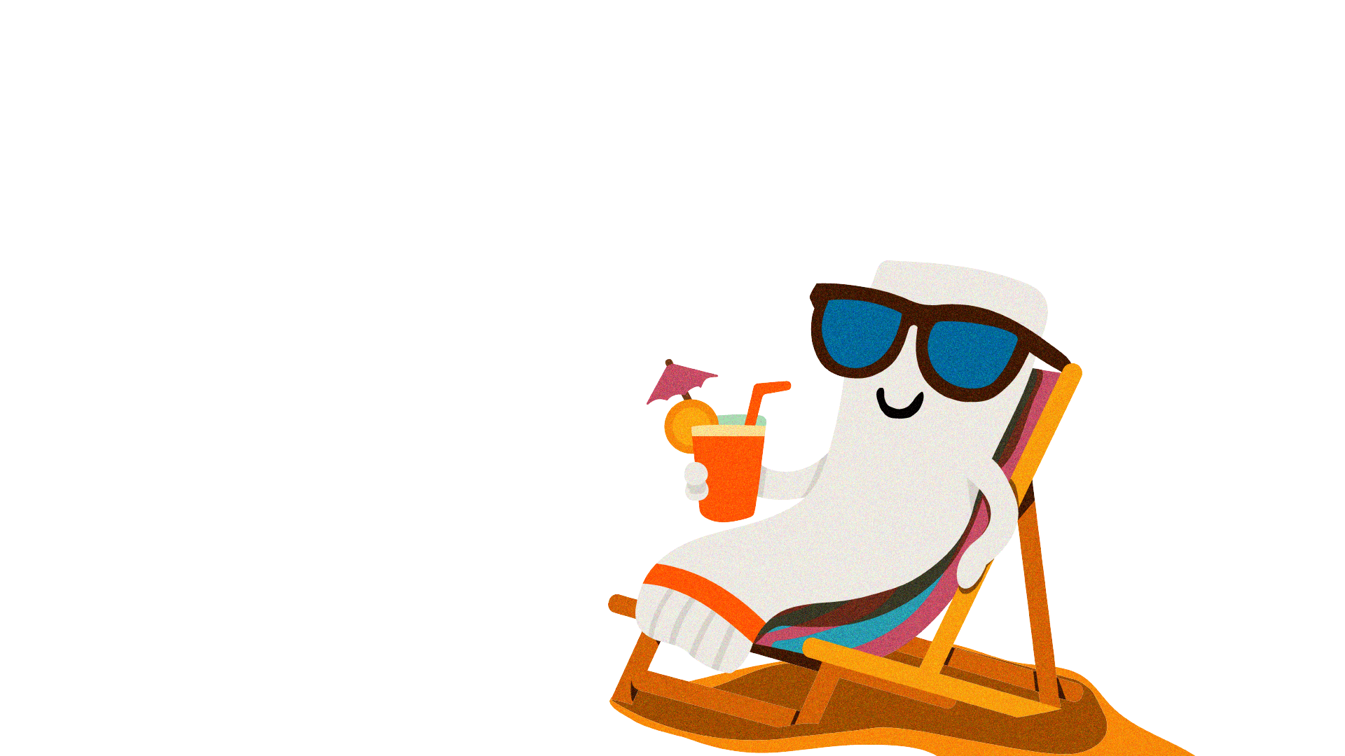 The sock character relaxing in a beach chair with sunglasses and a drink